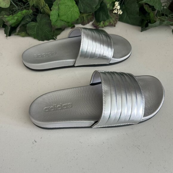 Adidas Womens Silver Metallic Slide Sandals Size 8 - Picture 6 of 8